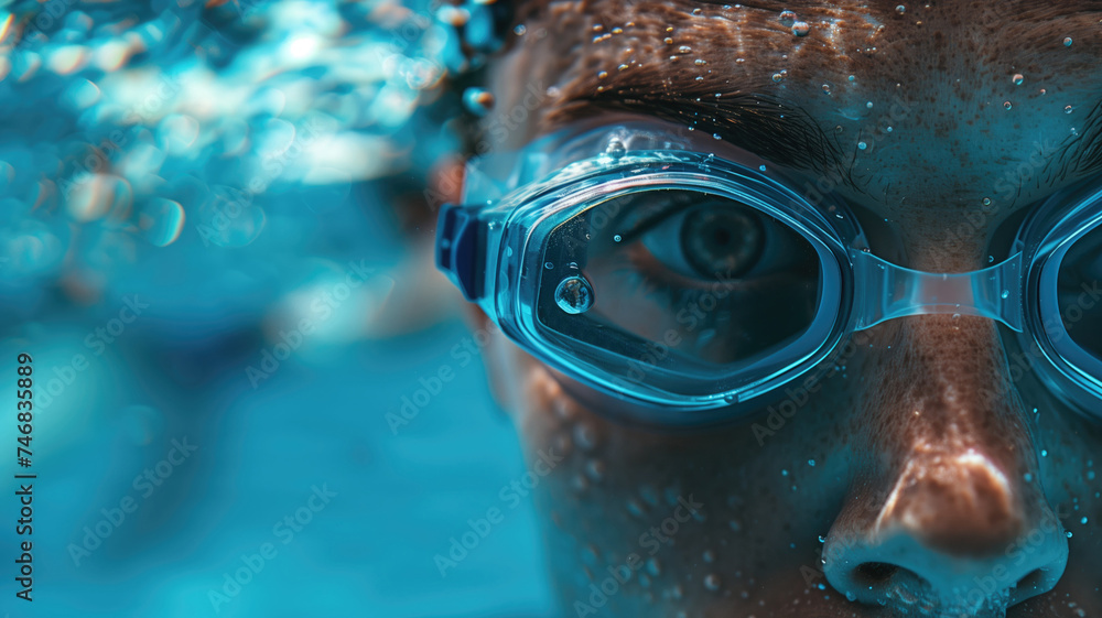 Close-up of swimmer's eyes in goggles, reflections of water - obrazy, fototapety, plakaty 