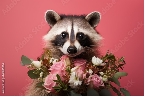 Adorable raccoon holding a beautiful bouquet of colorful flowers on a vibrant pink background, creating a whimsical and charming scene that captures the essence of natures beauty.