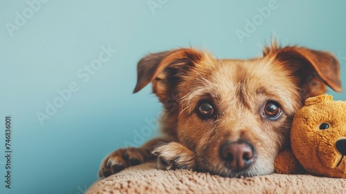 Adorable dog lying down with a stuffed bear photo