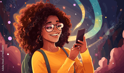 happy multicultural woman with a smartphone social media and online education portrait diverse vector illustration