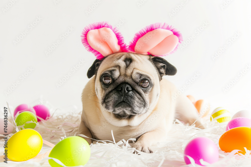Holiday pug dog portrait: rabbit ears, colored eggs on white - easter concept