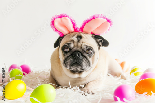 Holiday pug dog portrait: rabbit ears, colored eggs on white - easter concept © Виктория Марьенко