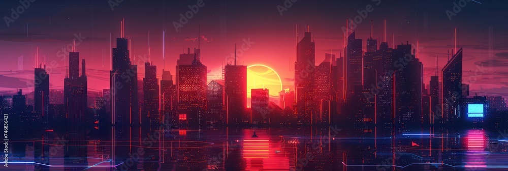 Dusk cityscape with glowing skyscrapers
