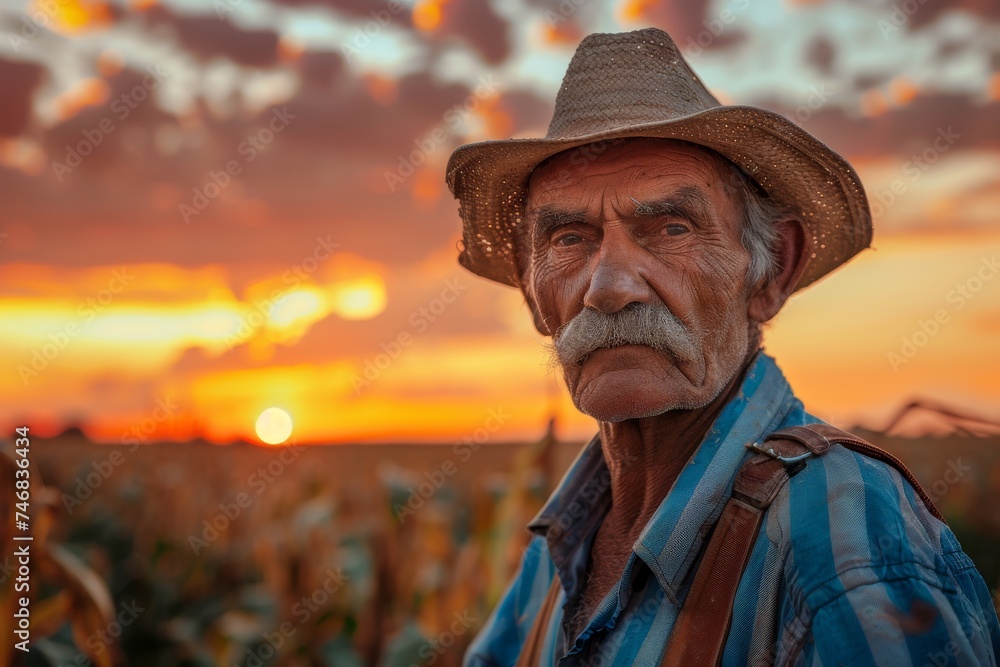 At sunset a satisfied male worker in the agricultural field with a handsome mustache poses for the camera