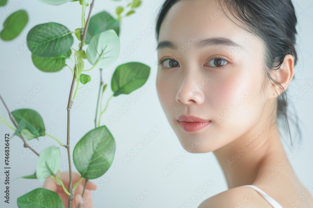 Attractive Asian woman using facial serum on light grey background Attractive Asian woman using facial serum on light grey background