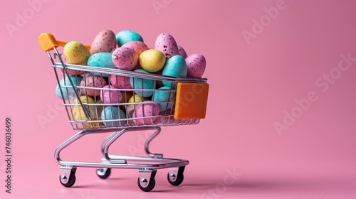 Colorful easter eggs in mini shopping cart on pink background with white flowers
