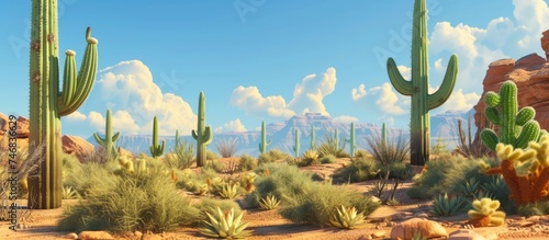 This painting features a desert scene with a variety of Saguaro cacti towering over rocky terrain, creating a stark and arid environment. Sunlight casts shadows on the cacti and rocks, emphasizing the