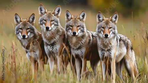 Wild coyotes standing in prairie grass in nature found throughout North America. 