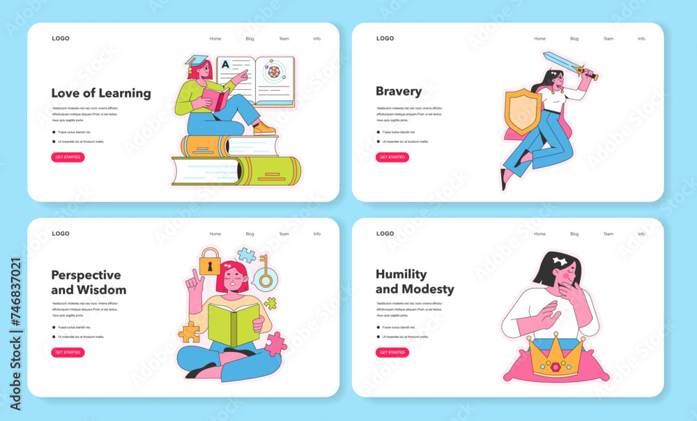 Character Strengths web layouts. Vector illustration.