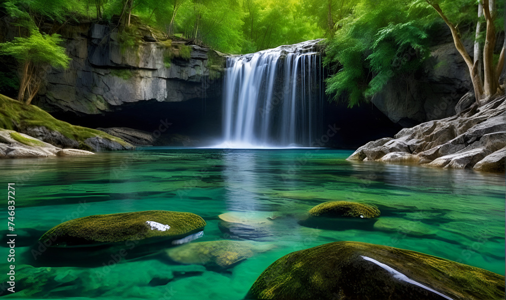 Waterfall flows into lake, landscape, wildlife