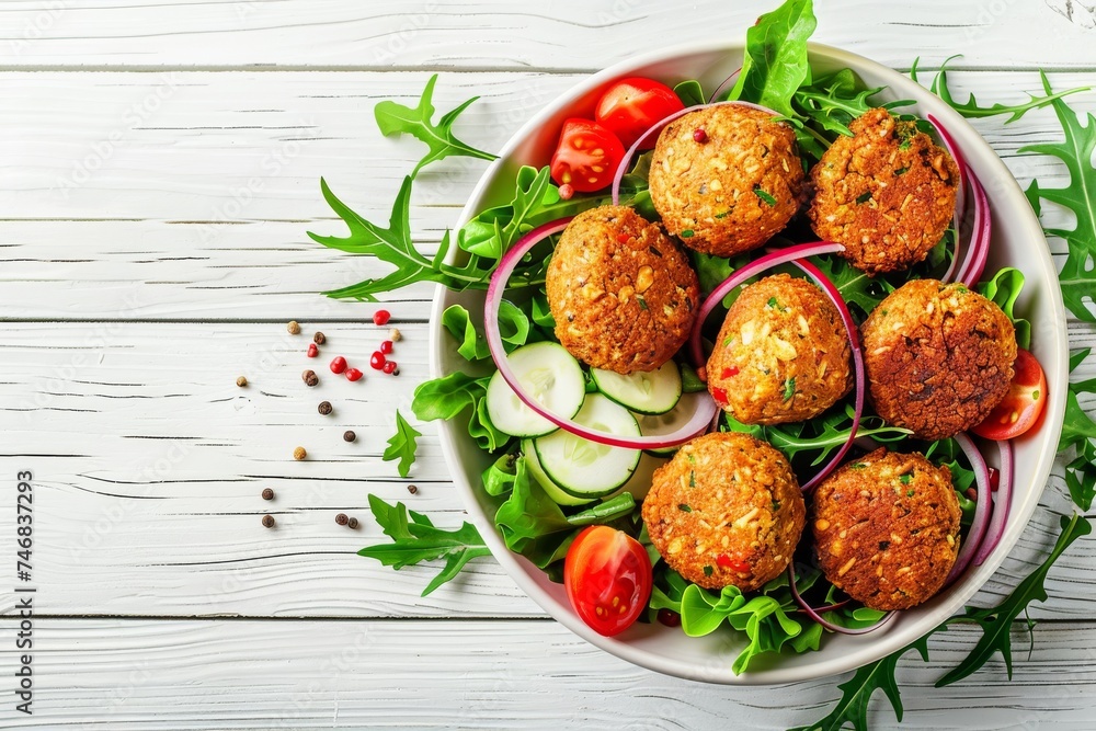 Bowl of veggie falafels and veggies on a white wooden surface Bowl of veggie falafels and veggies on a white wooden surface