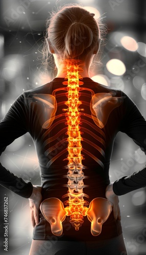 Close up of woman s highlighted spine experiencing pain at home, digital composite.