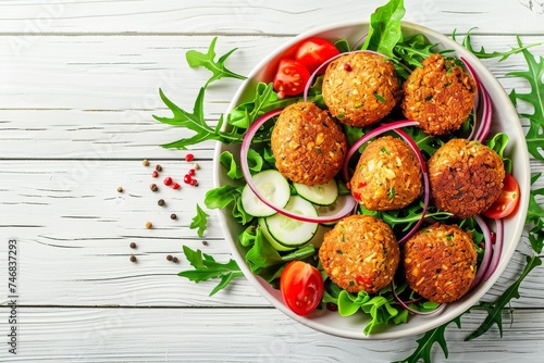 Bowl of veggie falafels and veggies on a white wooden surface