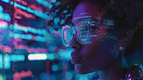 woman with glasses in front of a tablet. CONCEPT innovation