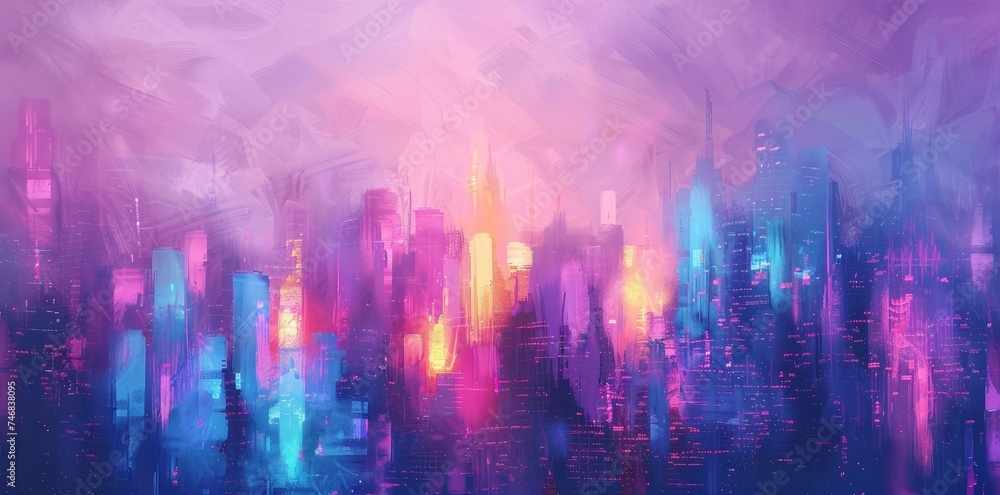 Abstract Vibrant Cityscape Painting in Purple Hues
