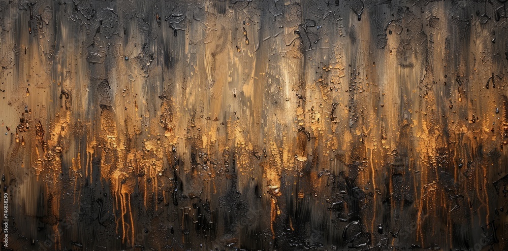 Abstract Golden Droplets on Textured Surface
Abstract painting showcasing a textured surface with droplets of golden paint creating a rich, lustrous effect.
 - obrazy, fototapety, plakaty 