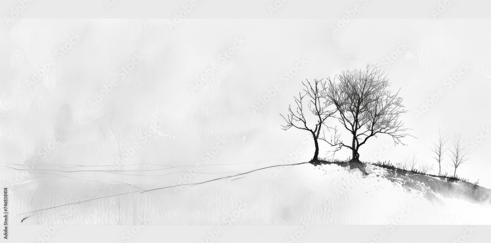 Minimalist Winter Landscape with Bare Trees
A minimalist black and white landscape featuring the stark silhouettes of bare trees against a soft, textured background.
 - obrazy, fototapety, plakaty 