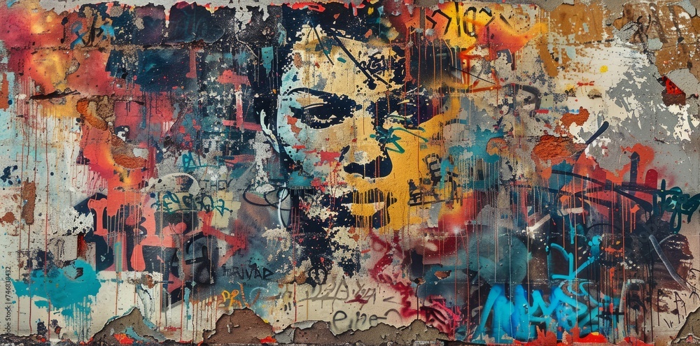 Graffiti Artwork with Female Portrait on Rusty Metal
