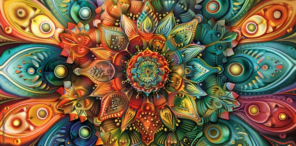 Kaleidoscopic Vision of Abstract Ornamental Art
A vivid, kaleidoscopic abstract painting, rich with ornamental designs and a harmonious explosion of colors.
Kaleidoscopic Vision of Abstract Ornamental Art
A vivid, kaleidoscopic abstract painting, rich with ornamental designs and a harmonious explosion of colors.