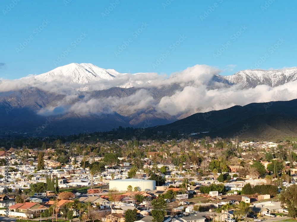 Yucaipa, california, with a Drone View UAV of the San Bernardino, San Gorgonio Mountains after a snow storm on a clear day
