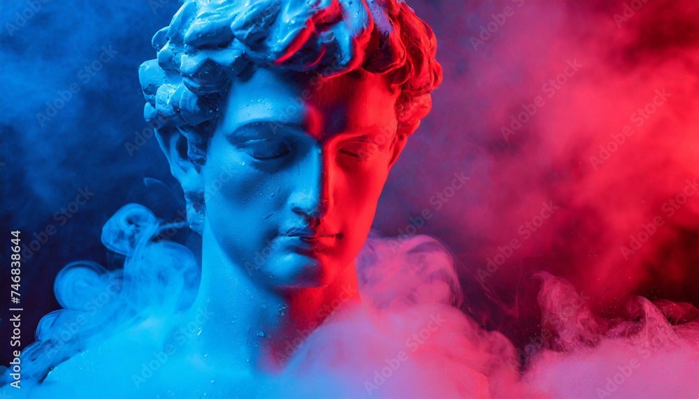 Gypsum statue of Apollo's bust. Statue vapor wave background concept.
Gypsum statue of Apollo's bust. Statue vapor wave background concept.