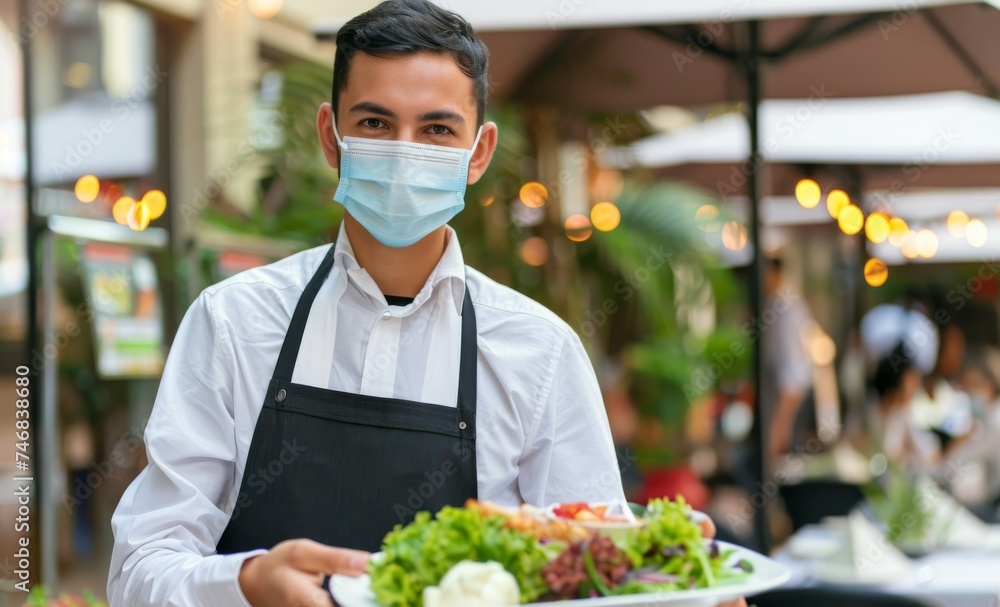 Cheerful server in mask serves food in restaurant