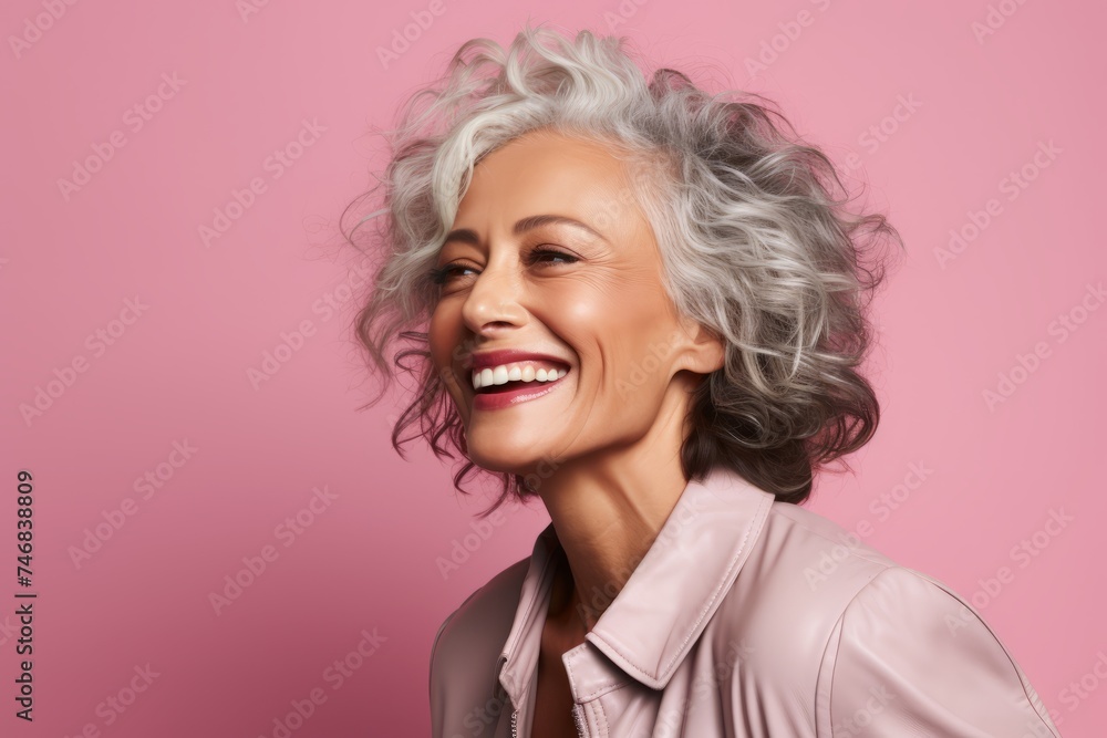 Cheerful middle-aged woman with short grey hair. Studio shot. Cheerful middle-aged woman with short grey hair. Studio shot.