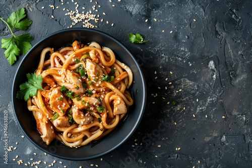 Chicken and sesame udon stir fry in a bowl on a dark stone background