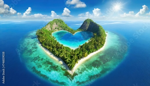Top wiev exotic island in the shape of a heart. Travel concept blue sky