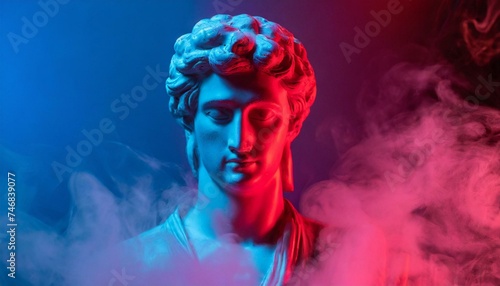 Gypsum statue of Apollo's bust. Statue vapor wave background concept.