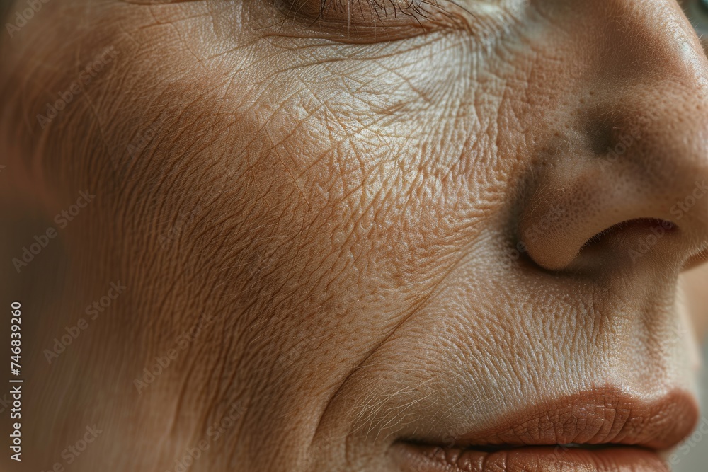 Fototapeta premium Close up of a senior woman s wrinkled face but she touches her skin after a beauty treatment emphasizing the concept of aging