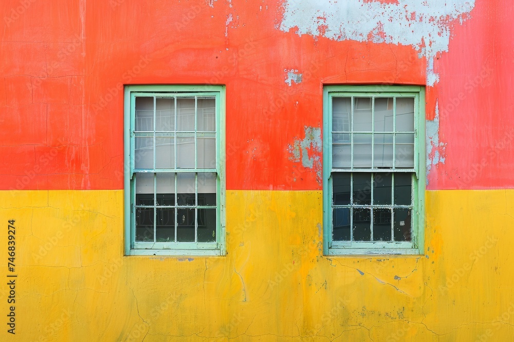 Minimalist urban architecture captured in a photo of two windows on a brightly colored, textured wall with peeling paint.

