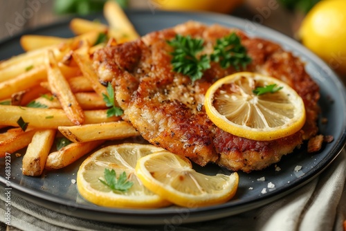 Close up of a plate with fried veal cutlet Milanese lemon and French fries on a table photo
