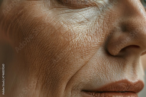 Close up of a senior woman s wrinkled face but she touches her skin after a beauty treatment emphasizing the concept of aging © VolumeThings
