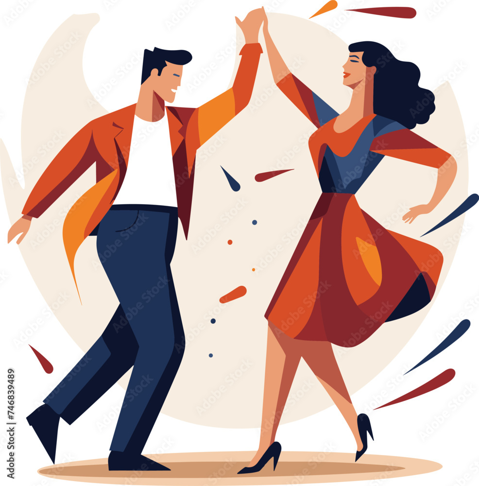 Stylish man and woman dancing cheerfully, man in orange jacket, woman in flowing dress. Retro dance party, joyful movement and fun atmosphere vector illustration. Stylish man and woman dancing cheerfully, man in orange jacket, woman in flowing dress. Retro dance party, joyful movement and fun atmosphere vector illustration.