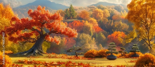 In the painting  majestic elms and bonsai trees are depicted in a stunning autumn scene. The trees show vibrant fall colors with leaves in shades of red  orange  and yellow. The scene captures the