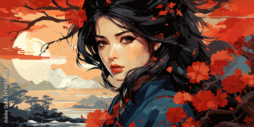 Japanese anime warrior girl. Samurai of Japan. vector flat bright colors