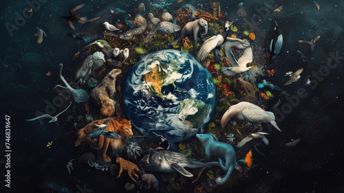 An artistic representation of the Earth surrounded by endangered species  calling for wildlife protection on Earth Day