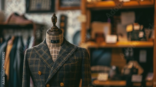Tailored checkered jacket on a classic mannequin in a bespoke clothing shop, representing craftsmanship