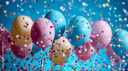 Easter Eggs Designed To Look Like Balloons In Pastel Colors With Confetti Floating In The Air