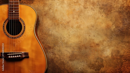 A classic acoustic guitar positioned on a golden textured vintage backdrop