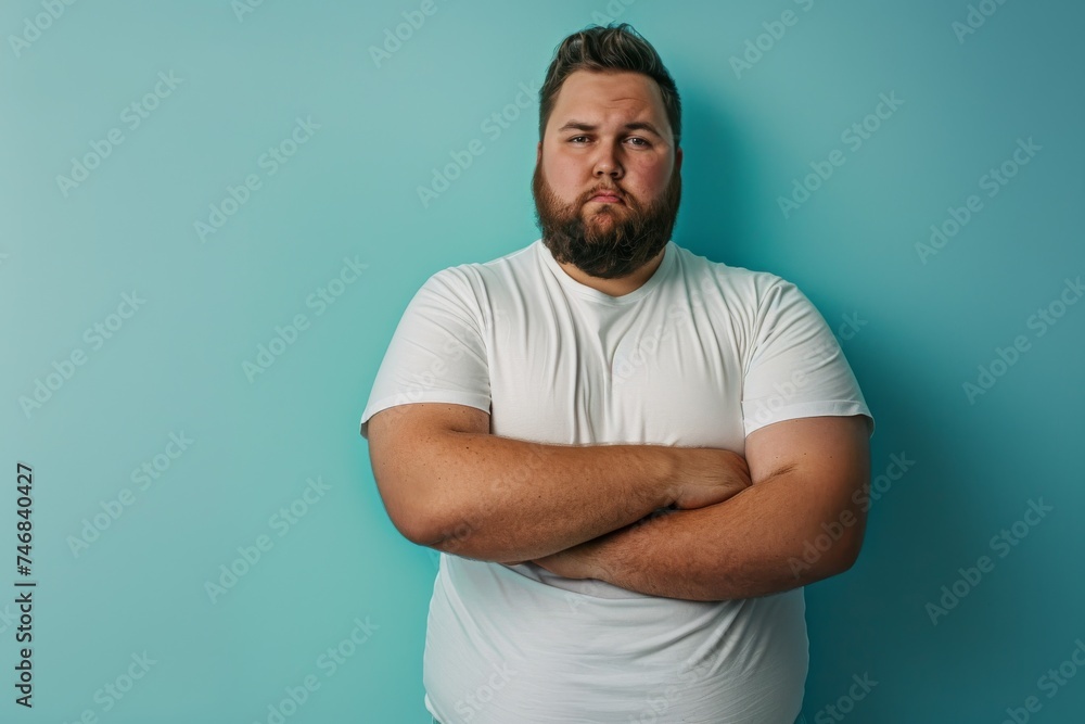 Closeup of obese man in tight t shirt on light blue background Closeup of obese man in tight t shirt on light blue background