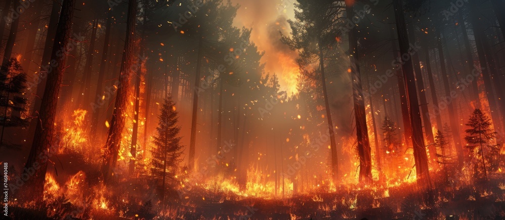 A forest engulfed in a raging inferno as blazing fires spread rapidly, transforming the once majestic landscape into a scene of destruction. The trees are covered in flames, with smoke billowing into