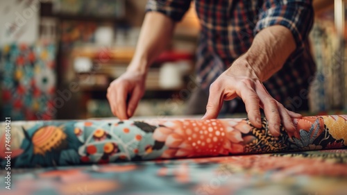 Close-up of hands choosing fabrics with vibrant patterns and colors
