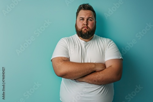 Closeup of obese man in tight t shirt on light blue background © VolumeThings