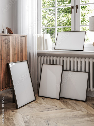 Mockup frame in home interior background, 3d render  © artjafara