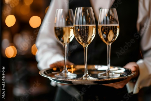 Closeup of waiter with tray of champagne glasses in restaurant