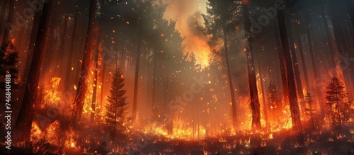 A forest engulfed in a raging inferno as blazing fires spread rapidly, transforming the once majestic landscape into a scene of destruction. The trees are covered in flames, with smoke billowing into