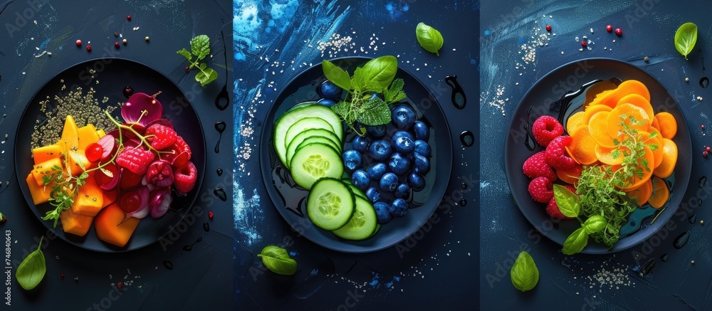 Three plates showcasing a variety of fresh fruits and vibrant vegetables, including colorful bell peppers, juicy strawberries, ripe blueberries, crisp lettuce, and crunchy carrots. - obrazy, fototapety, plakaty 