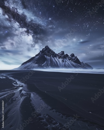 Milky way galaxy over majestic snow-capped mountains and beach at night